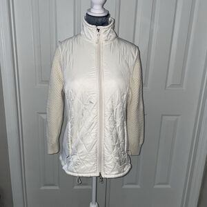 LL Bean Quilted Sherpa Lined Vest Medium Ivory Stretch Panel Zip Outdoor